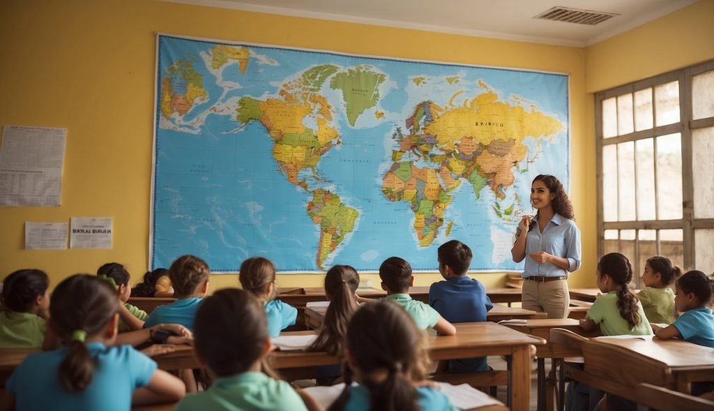 Uma sala de aula colorida com um grande mapa do Brasil na parede. Um professor fica na frente apontando para uma foto de Tiradentes, enquanto jovens estudantes sentam-se atentos em suas carteiras