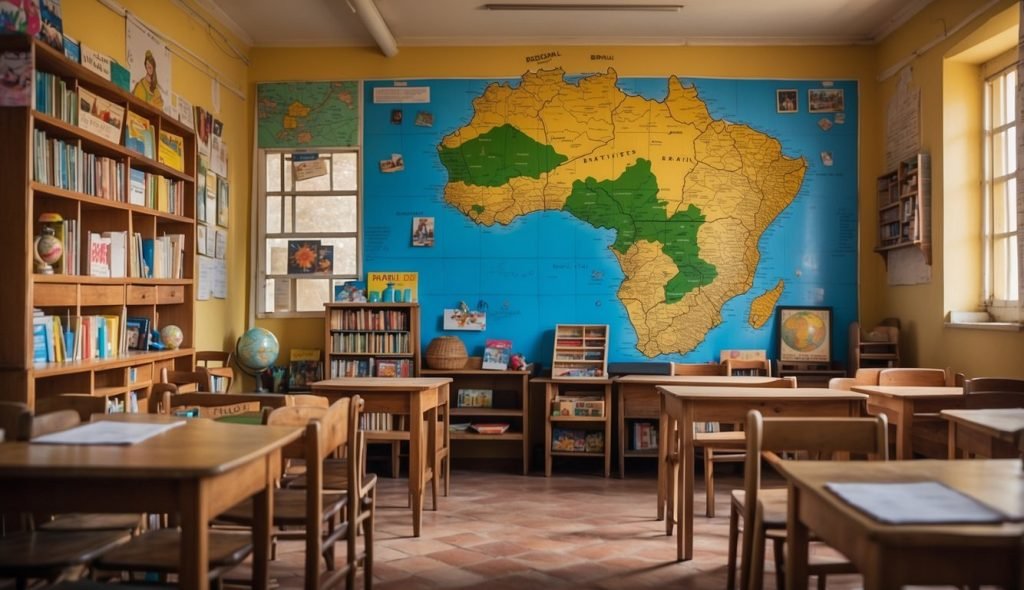 Uma sala de aula colorida com um grande mapa do Brasil na parede, uma mesa com materiais de arte e uma estante repleta de livros ilustrados sobre Tiradentes