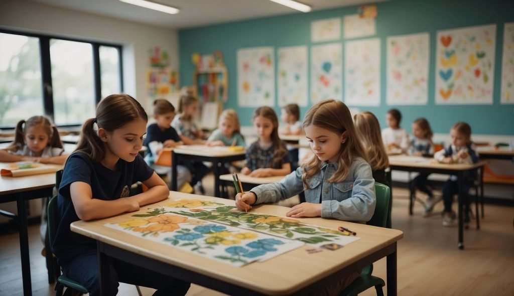 Uma sala de aula com jovens estudantes observando e desenhando objetos naturais como flores e folhas. As mesas estão cheias de materiais de arte e desenhos coloridos