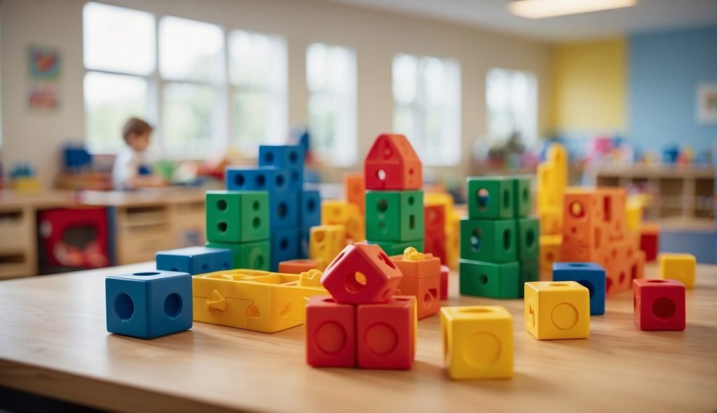 Sala de aula colorida com diversas atividades de conscientização espacial montadas, como blocos de construção, quebra-cabeças e áreas de brincadeiras sensoriais, alinhadas às diretrizes da BNCC para a educação infantil