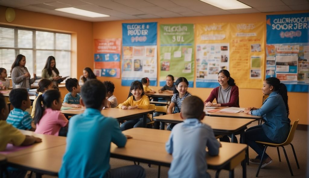 Uma sala de aula com cartazes coloridos e materiais de aprendizagem interativos sobre conceitos espaciais, cercada por pais e membros da comunidade engajados