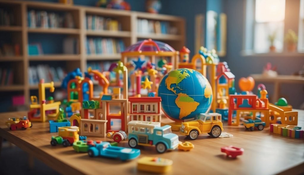 Uma sala de aula colorida com diversos materiais didáticos e brinquedos dispostos em diferentes arranjos espaciais de acordo com as diretrizes da BNCC para a educação infantil