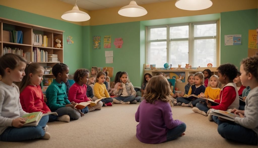 Uma sala de aula colorida com crianças sentadas em roda, segurando o livro "Douglas Quer um Abraço" enquanto a professora lê em voz alta. Um cantinho de leitura aconchegante com almofadas e bichos de pelúcia contribuem para o ambiente convidativo