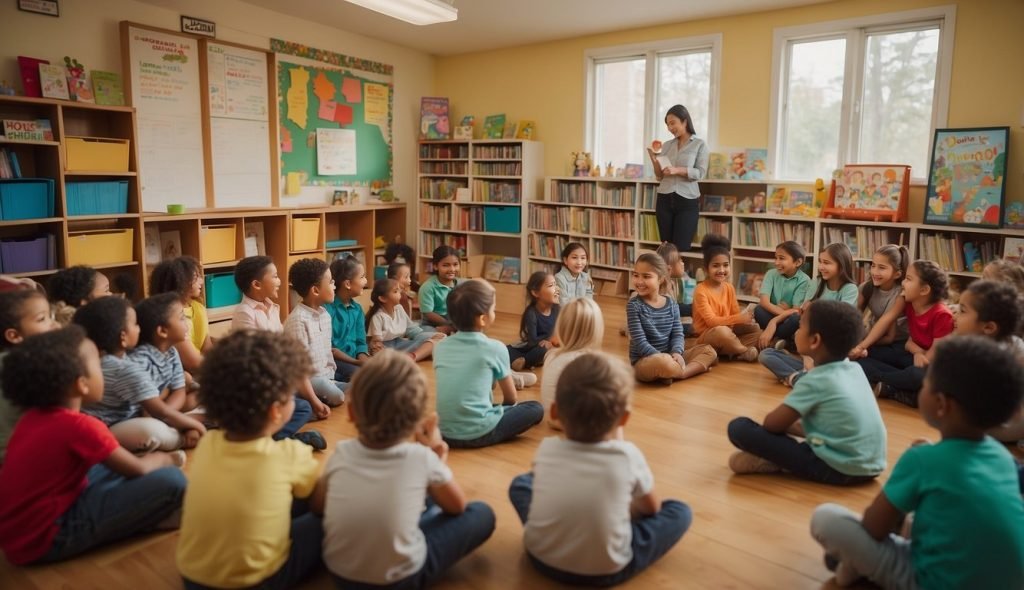 Uma sala de aula colorida com um canto de leitura aconchegante, repleto de livros ilustrados coloridos e assentos macios. Uma professora segura "Douglas Quer Um Abraço" enquanto um grupo de crianças ouve ansiosamente