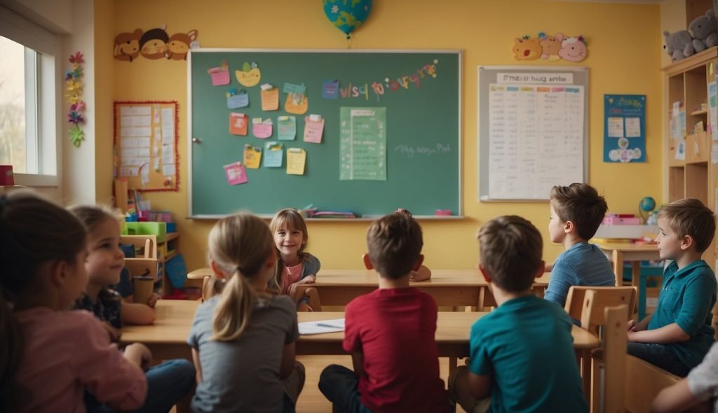 Uma sala de aula com decorações coloridas e um aconchegante cantinho de leitura. As crianças sentam-se atentamente enquanto a professora lê "Douglas quer um abraço". Um gráfico com emoções e uma caixa de feedback são exibidos