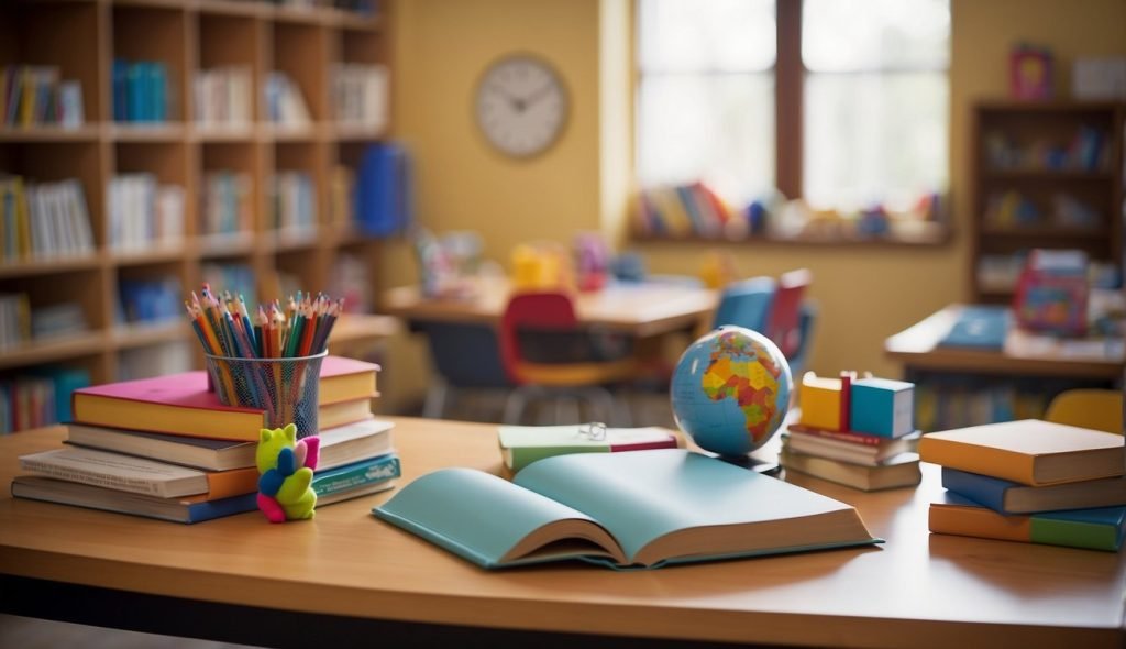 Uma sala de aula colorida com um grande livro de "Douglas Quer Um Abraço" na mesa de um professor, rodeado de materiais didáticos e recursos para jovens estudantes