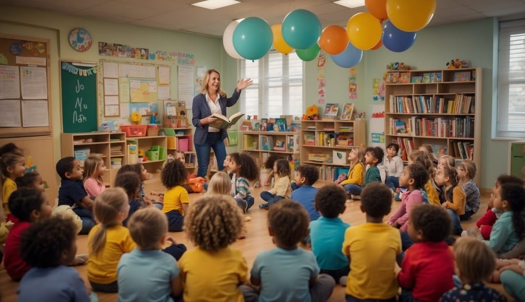 Uma sala de aula com decorações coloridas e um aconchegante cantinho de leitura. Uma professora segura o livro “Douglas quer um abraço” enquanto conversa com um grupo de entusiasmados alunos da pré-escola