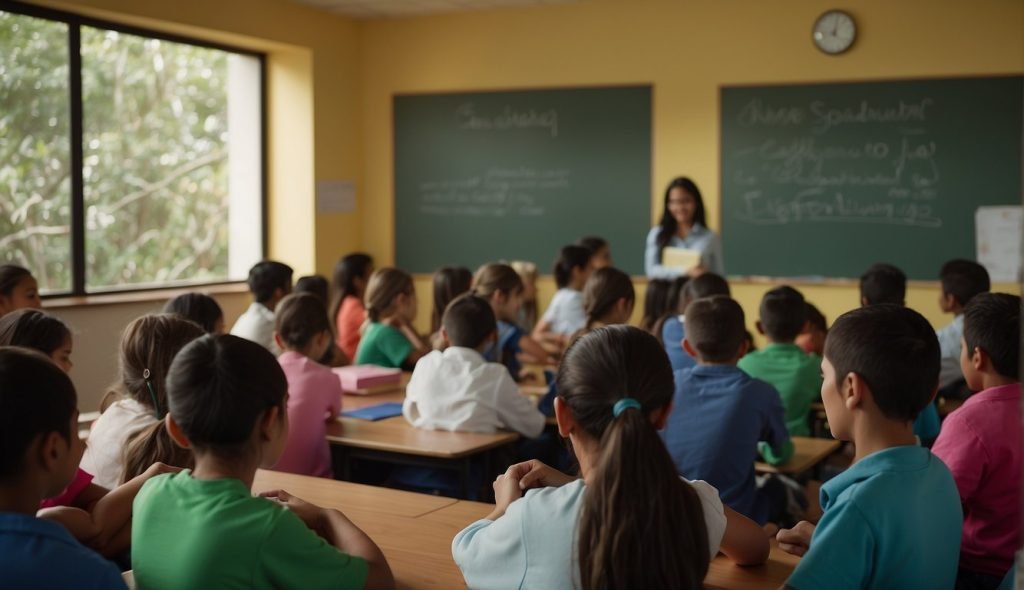 Sala de aula com vitrine colorida do livro "O Sanduíche da Maricota", quadro-negro com plano de aula e alunos em debate