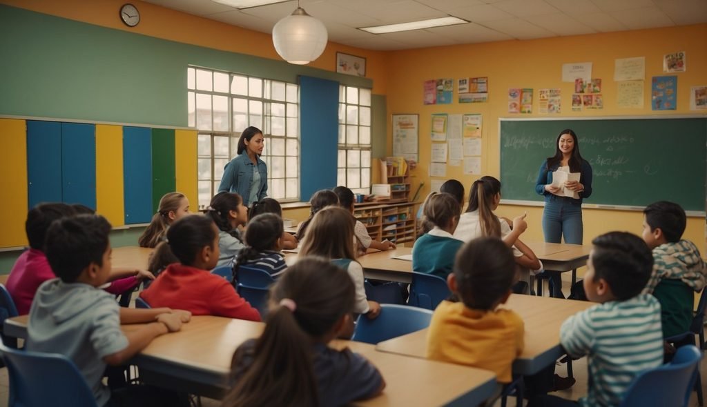 Uma sala de aula colorida com alunos envolvidos em uma discussão sobre “O Sanduíche da Maricota”. O professor conduz uma aula dinâmica, usando o livro como ponto focal para a aprendizagem interativa