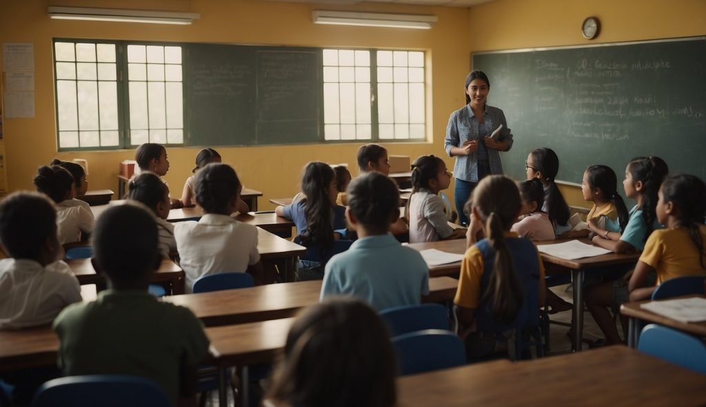 Sala de aula com "O Sanduíche da Maricota" exposta, alunos envolvidos em discussão e professor conduzindo a aula