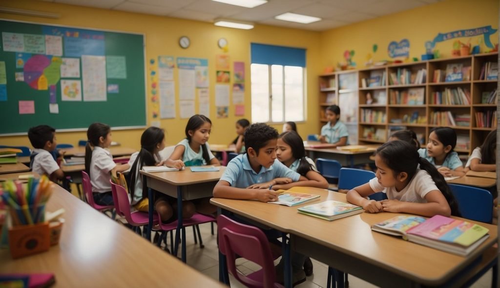 Uma sala de aula colorida com o livro "O Sanduíche da Maricota" na mesa da professora. Os alunos estão envolvidos em uma discussão, enquanto recursos visuais e atividades relacionadas à história são exibidos pela sala