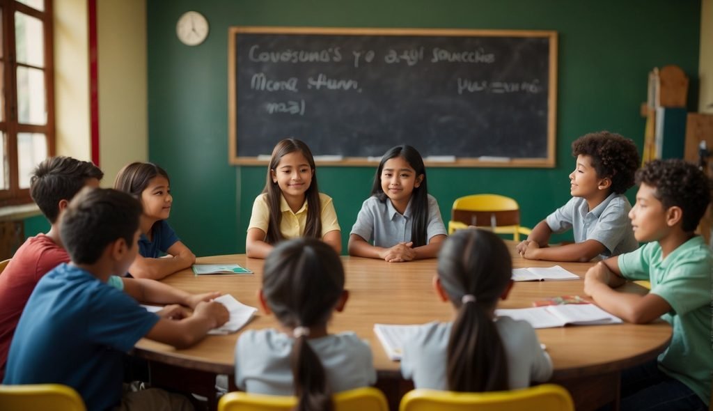 Uma sala de aula colorida com mesa de professor, livros e quadro-negro. Um grupo de alunos engajados senta-se em roda e discute o livro "O Sanduíche da Maricota"