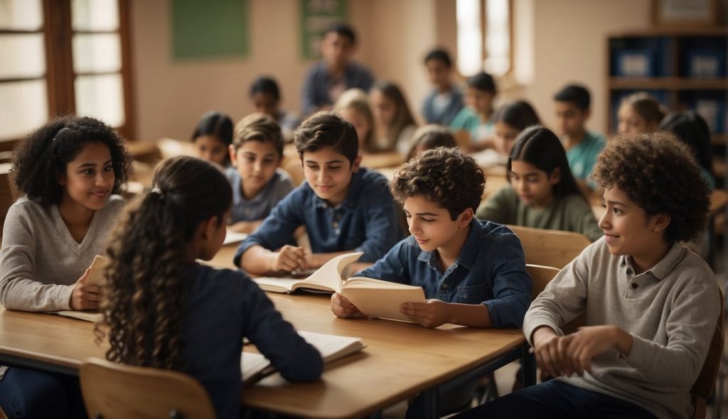 Sala de aula com alunos lendo "O Sanduíche da Maricota" enquanto discutem e criam representações visuais da história