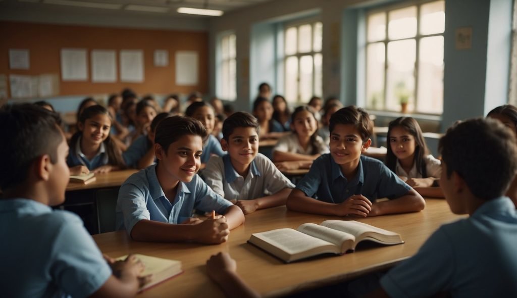 Uma sala de aula com o livro "O Sanduíche da Maricota" na mesa da professora, rodeada de alunos engajados em discussões e atividades