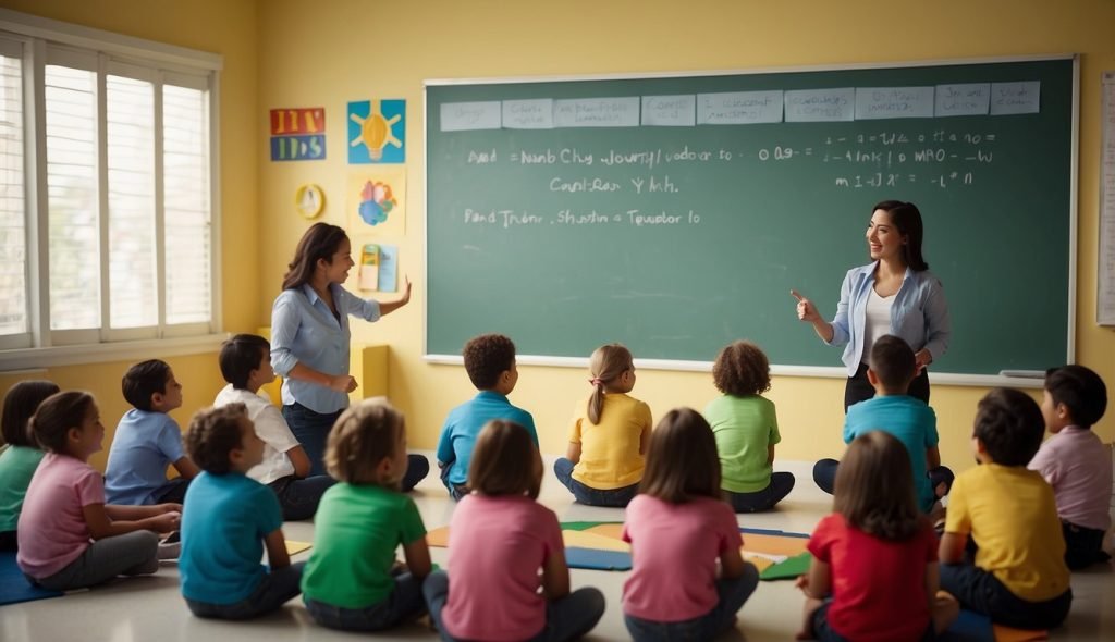 Uma sala de aula colorida com um gráfico de combinados na parede, crianças sentadas em círculo e uma professora explicando as regras com recursos visuais