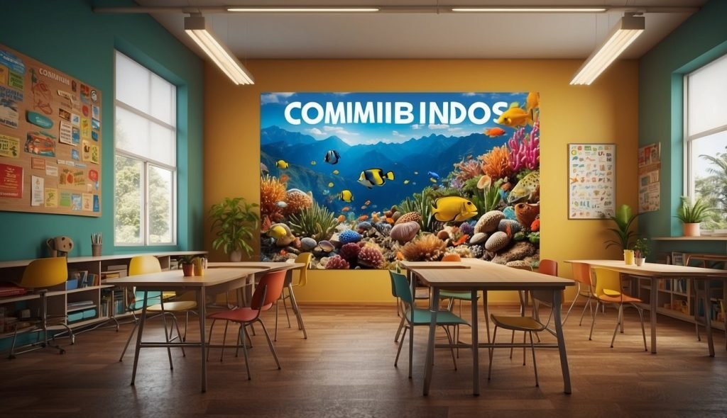 Uma sala de aula colorida com um grande cartaz exibindo a palavra "combinados" cercado por imagens de diferentes objetos e animais agrupados em pares ou conjuntos