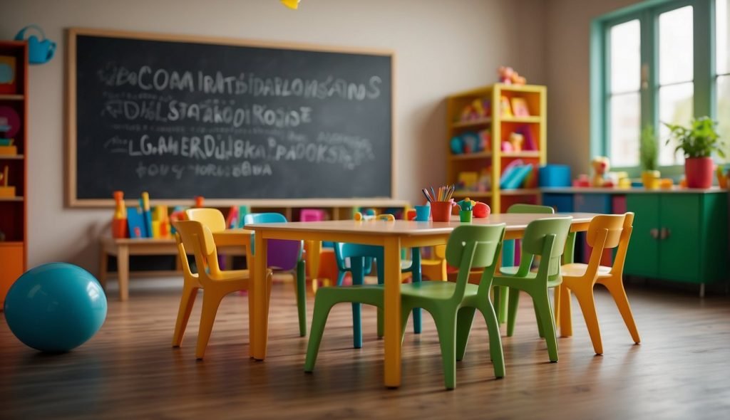 Uma sala de aula colorida com um quadro-negro exibindo "combinados" em letras grandes. Pequenas mesas e cadeiras estão dispostas em círculo, com brinquedos e livros espalhados pela sala