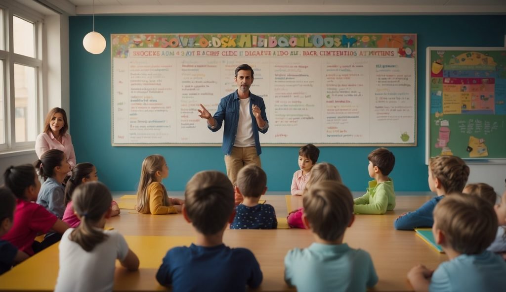 Uma sala de aula colorida com um grande cartaz com as regras dos “Combinados”, crianças sentadas atentamente e uma professora conduzindo uma discussão sobre o tema