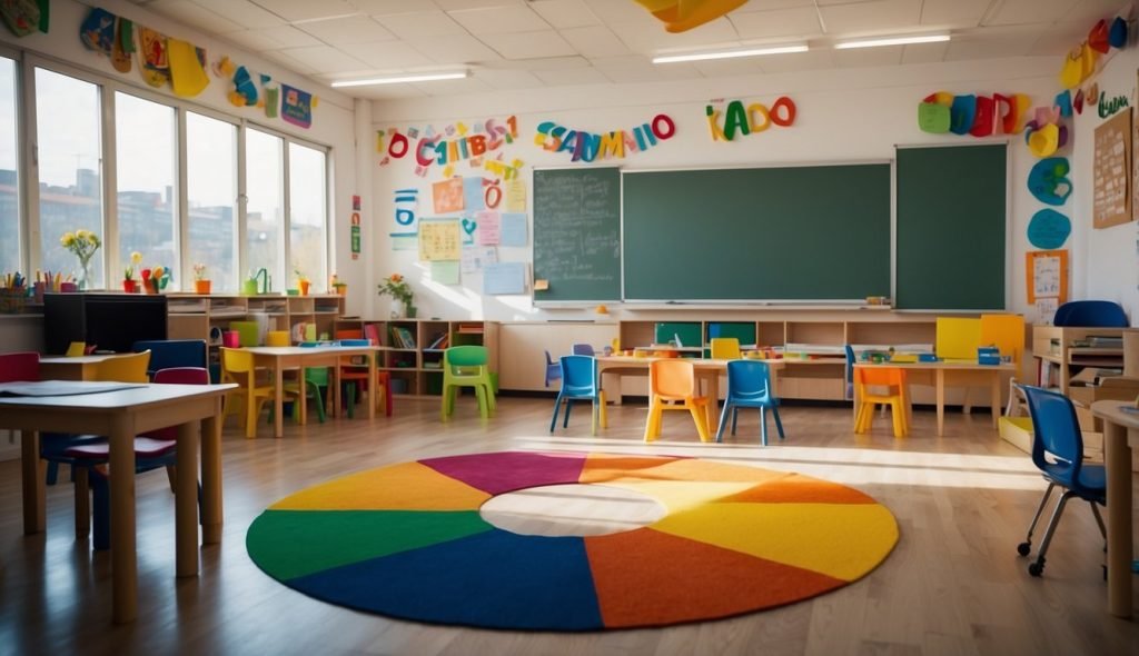 Uma sala de aula com cartazes coloridos nas paredes, um tapete circular no chão e um quadro branco com "combinados" escritos em letras grandes