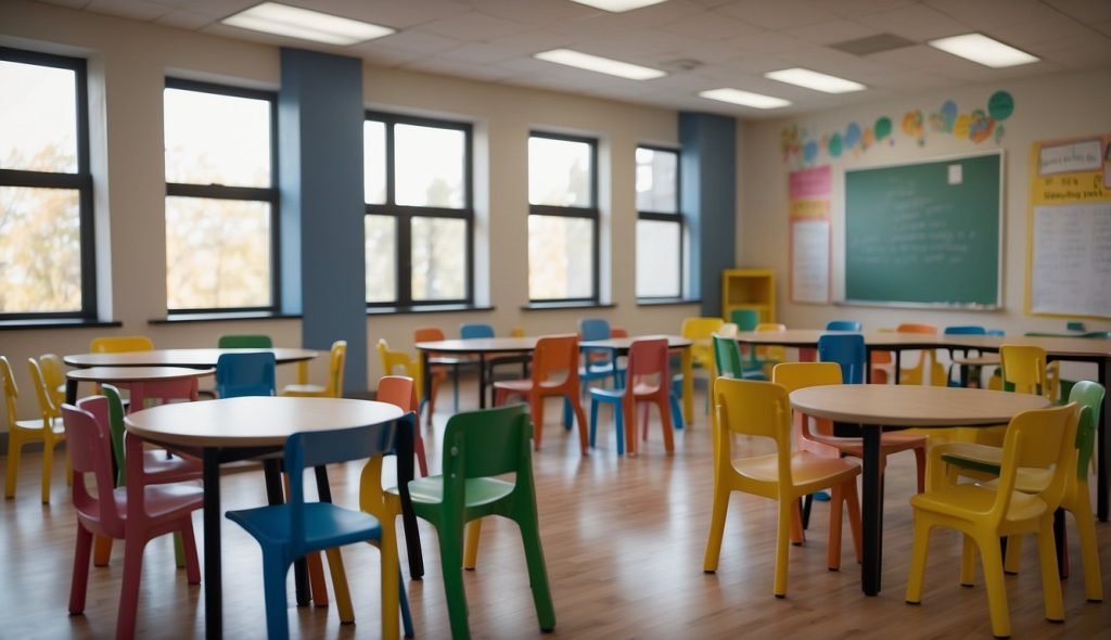 Uma sala de aula com cartazes coloridos e um quadro branco exibindo regras e acordos para crianças em idade pré-escolar. Mesas e cadeiras dispostas em círculo para discussões em grupo