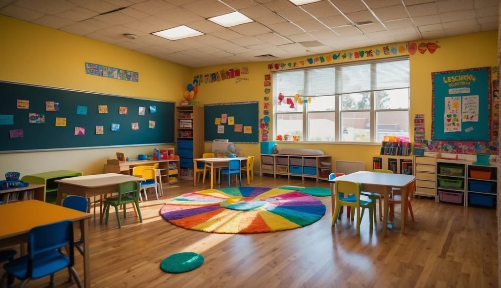 Uma sala de aula colorida com obras de arte infantis nas paredes, uma mesa de professor com planos de aula e uma área circular com tapete e cadeiras pequenas