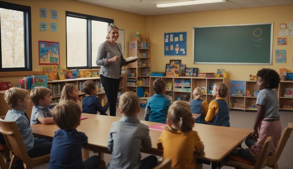 Uma sala de aula colorida com livros, desenhos e materiais educativos. Uma professora lidera um grupo de crianças em uma aula divertida e interativa sobre a importância dos livros e da leitura