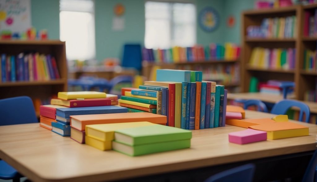 Uma sala de aula colorida com livros, giz de cera e papel. Uma professora explica a importância dos livros e conduz uma atividade divertida para crianças pequenas