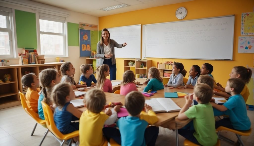 uma professora explicando sobre o dia mundial da alfabetização para alunos da educação infantil