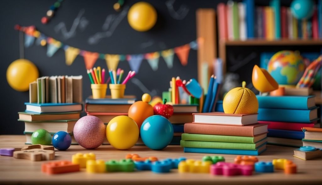 Uma sala de aula colorida com livros, quadro-negro e brinquedos educativos. Plano de aula do “Dia do Livro” para pré-escolares, alinhado à BNCC