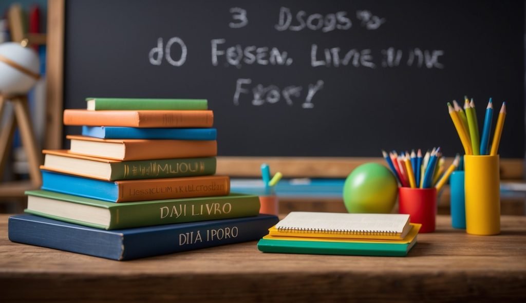 Sala de aula colorida com livros, artesanato e quadro-negro com plano de aula sobre o "Dia do Livro" para crianças pequenas, seguindo as orientações da BNCC