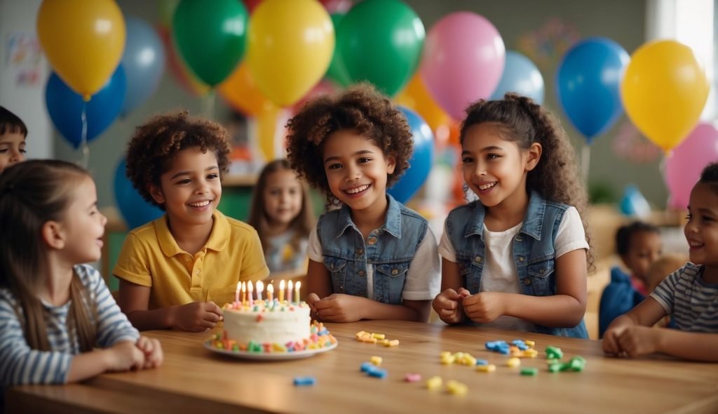 Uma sala de aula colorida com balões, bolo e presentes. Crianças brincando e cantando músicas. Professor conduzindo atividades e explicando o tema da festa de aniversário