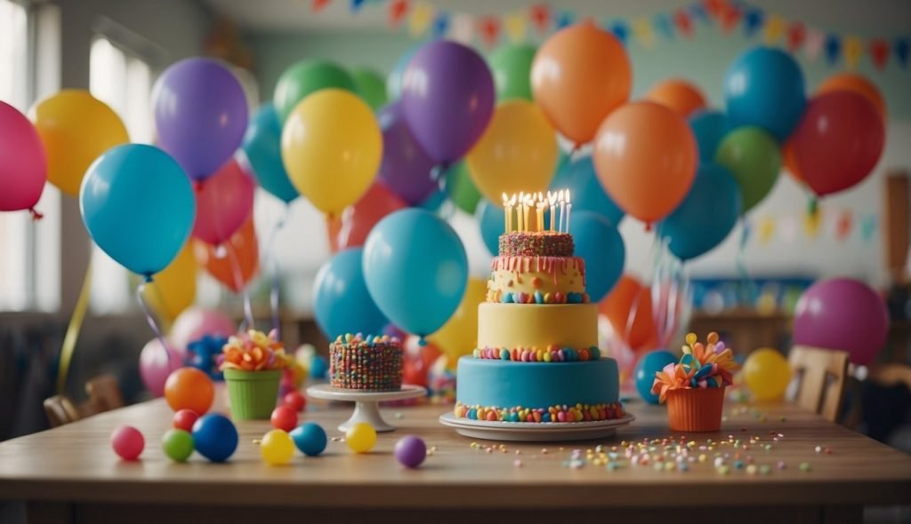 Uma sala de aula colorida com decorações, balões e um bolo de aniversário sobre uma mesa. As crianças estão reunidas, brincando e cantando músicas