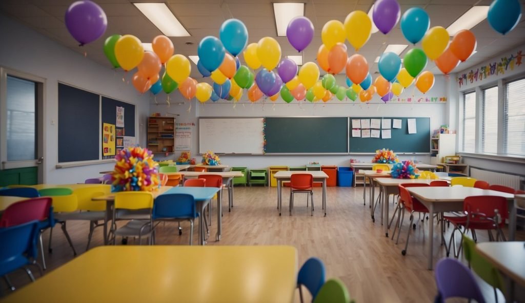 Uma sala de aula colorida com mesas decoradas com materiais para festas de aniversário. Um professor está escrevendo um plano de aula no quadro