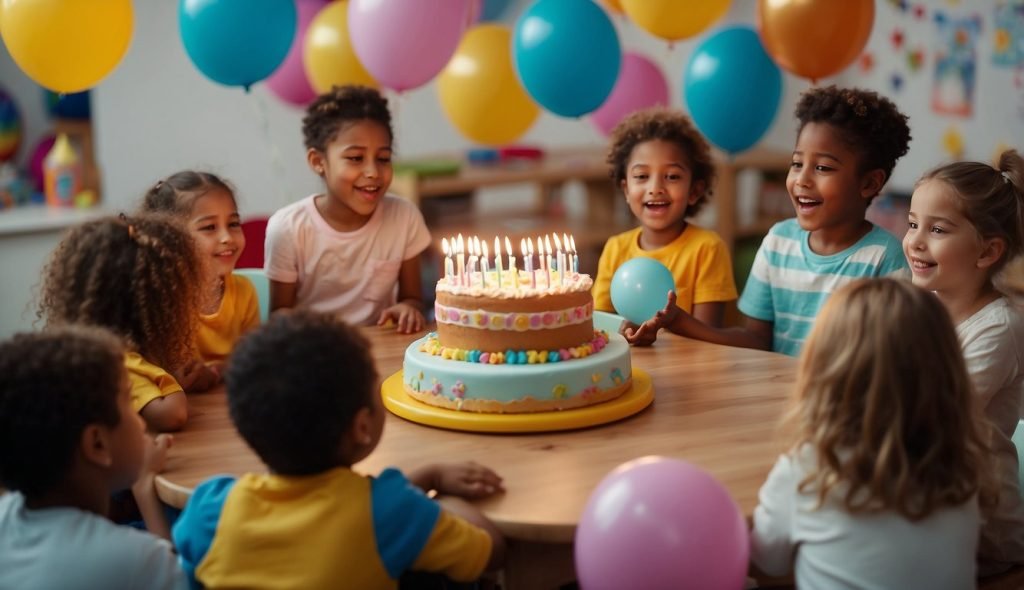 Uma sala de aula com decorações coloridas e um bolo de aniversário sobre uma mesa. Crianças sentadas em círculo, cantando e brincando