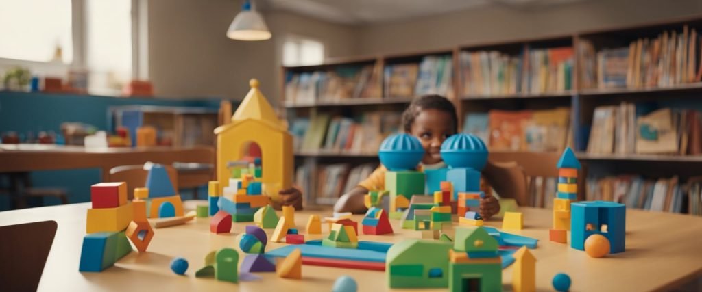 Uma sala de aula colorida com brinquedos, livros e cartazes sobre diversidade. Crianças brincando e interagindo com diferentes materiais, expressando suas identidades únicas