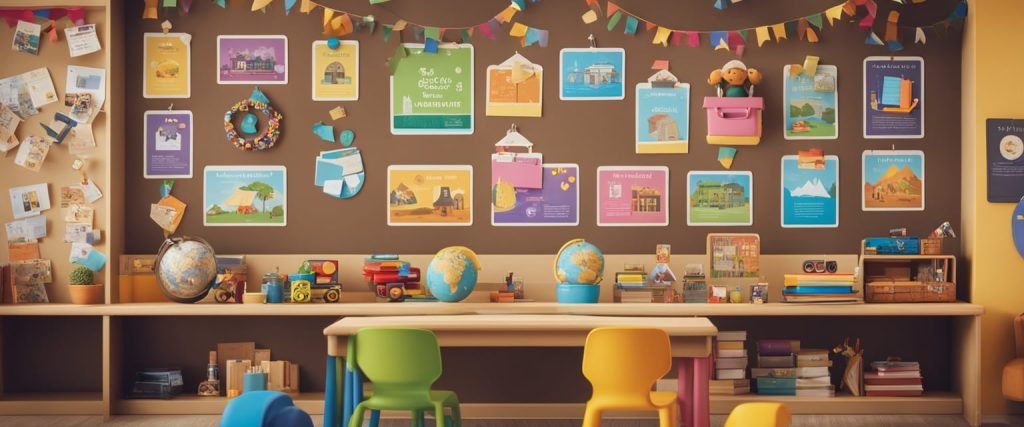 Uma sala de aula colorida com diversos brinquedos, livros e materiais de arte. Um quadro de avisos exibe imagens de diferentes culturas e estruturas familiares