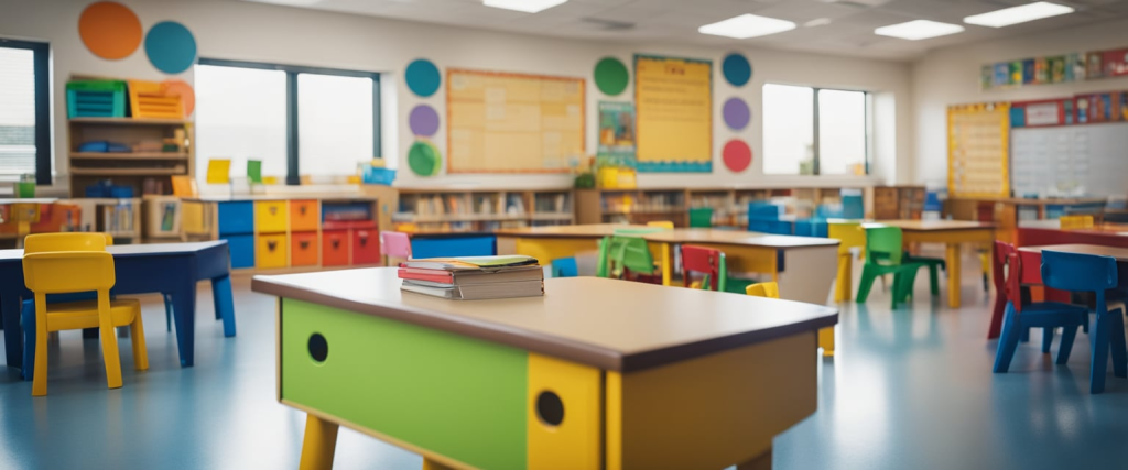 Sala de aula colorida e preparada para alunos  da educação infantil