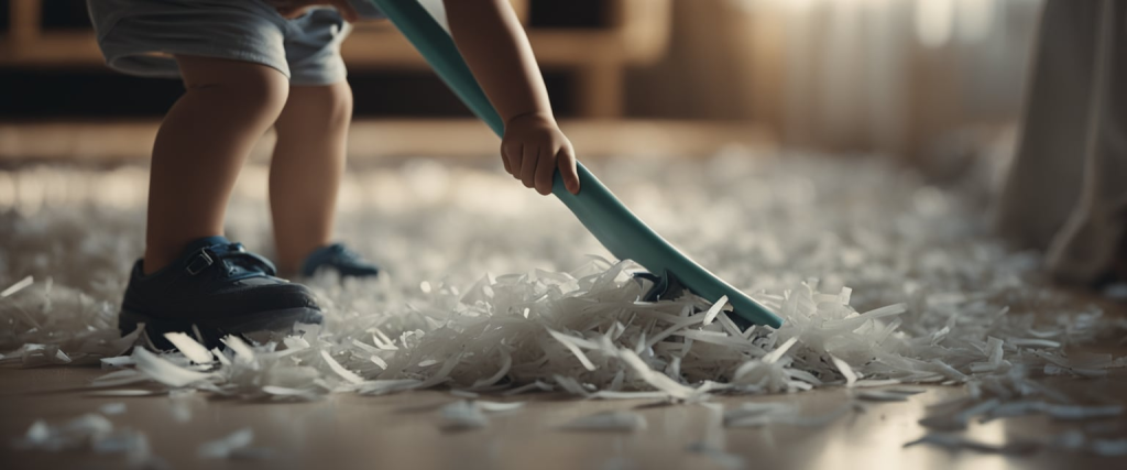 criança pequena varrendo e juntando papel picado em uma sala