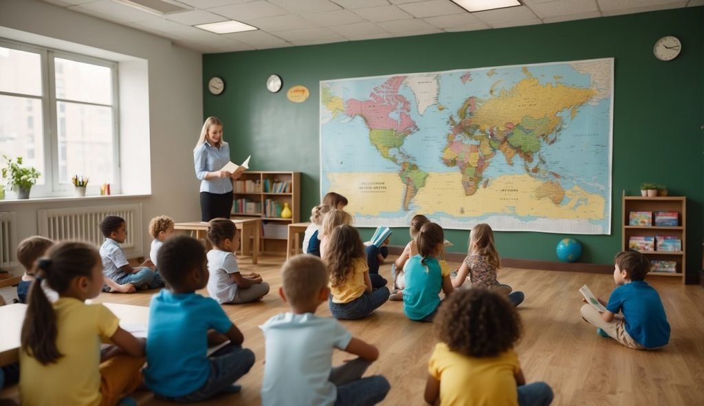 Uma sala de aula colorida com um grande mapa da cidade na parede, crianças sentadas em círculo e uma professora segurando um livro sobre a história da cidade