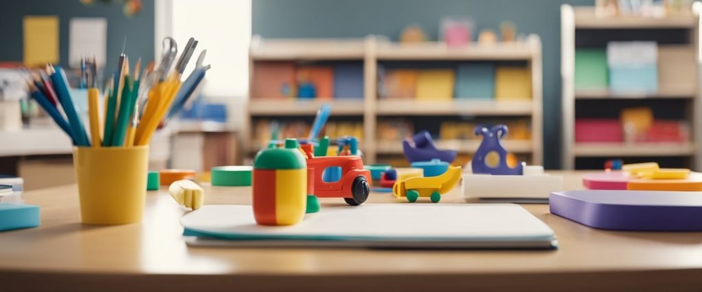 Uma sala de aula colorida e adequada para crianças com brinquedos, livros e materiais de arte. Um quadro branco com "Identidade" escrito nele. Um professor preparando materiais de aula