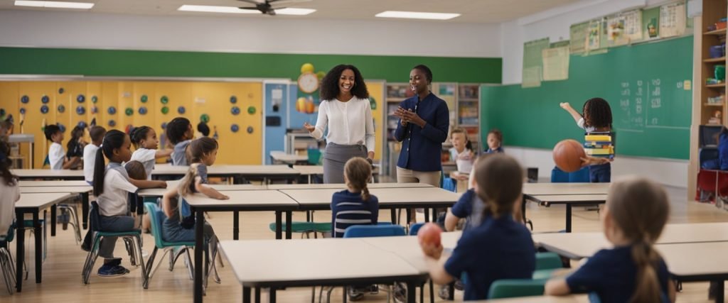 Uma sala de aula com crianças envolvidas em uma aula de matemática usando o boliche como ferramenta de ensino. O professor orienta os alunos durante a atividade, incorporando conceitos matemáticos ao jogo