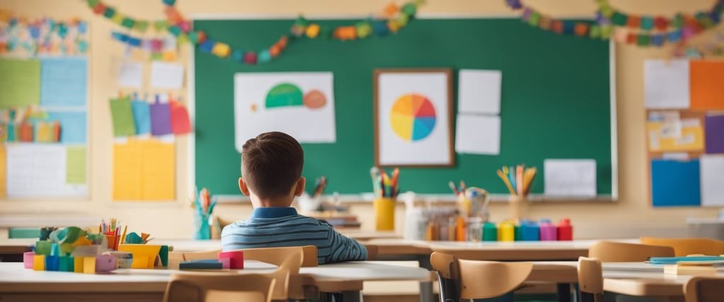 Uma sala de aula colorida com desenhos infantis de pais, uma mesa com materiais de artesanato e um quadro branco com os objetivos de aprendizagem de um plano de aula para o Dia dos Pais alinhado à BNCC