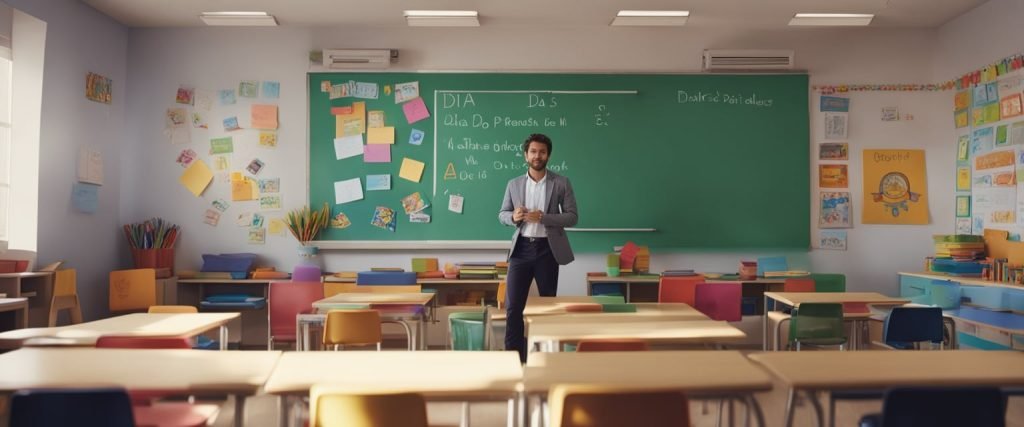 Uma sala de aula colorida com desenhos infantis de pais, um quadro branco com "Dia dos Pais" escrito e materiais educativos relacionados ao tema