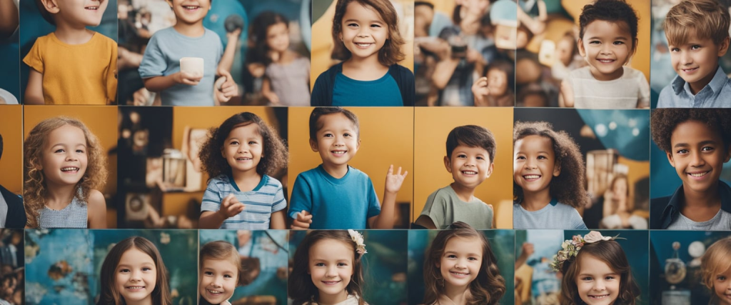 fotos de crianças em um painel sobre identidade