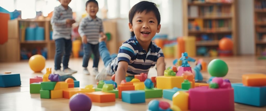 Crianças brincando com partes do corpo, professor conduzindo atividades, brinquedos coloridos e esteiras no chão, rostos felizes e engajados