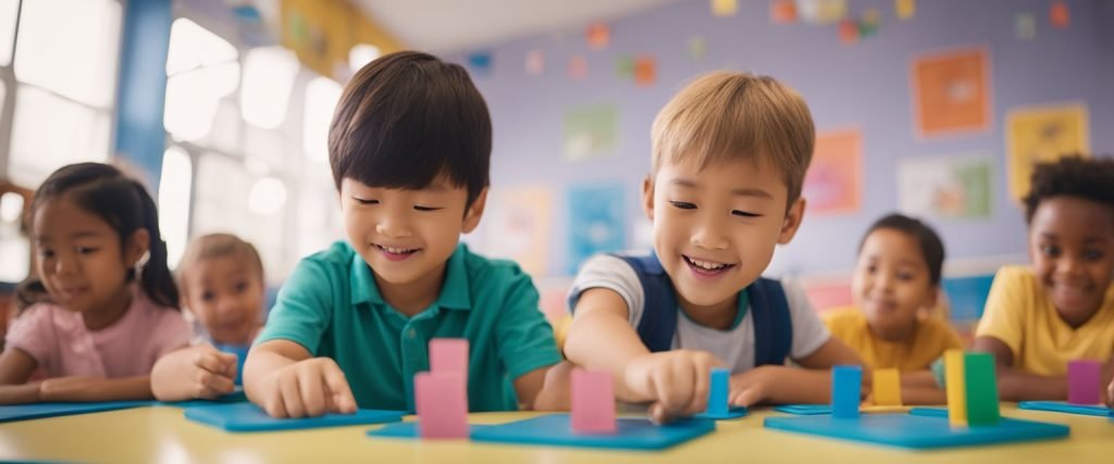 Crianças brincando com flashcards de partes do corpo em um ambiente colorido de sala de aula