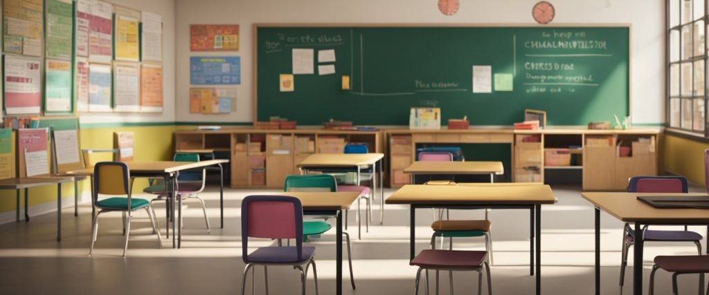 Uma sala de aula com cartazes coloridos nas paredes, pequenas cadeiras e mesas, e uma mesa de professor na frente. Materiais para arte e atividades relacionadas à identidade são organizados de forma organizada