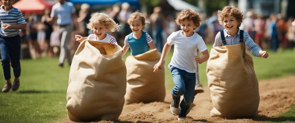 3 crianças pequenas competindo na corrida do saco em uma festa junina