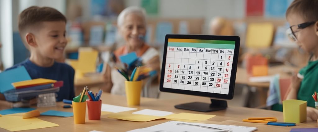 Uma sala de aula colorida com desenhos de avós e filhos, um grande calendário marcando o "Dia dos Avós" e uma mesa com suprimentos de artesanato para fazer cartões e presentes