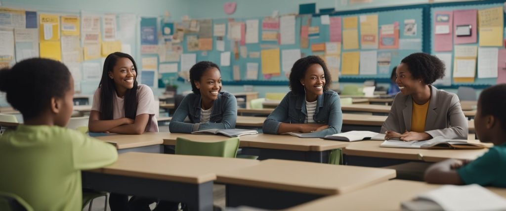 Uma sala de aula com cartazes coloridos e diversos livros sobre identidade. Pais e membros da comunidade se envolvem com os alunos em discussões e atividades